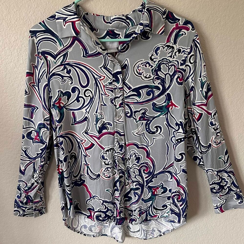 Chico's Paisley Modal Button Down Shirt Artsy Lagenlook Eclectic Size 1 US 8/10 - Picture 1 of 8